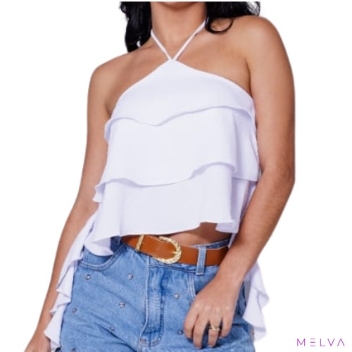 Blusa Cropped Feminino C/ Babados Lurex Duna Tendencia Verão 2024