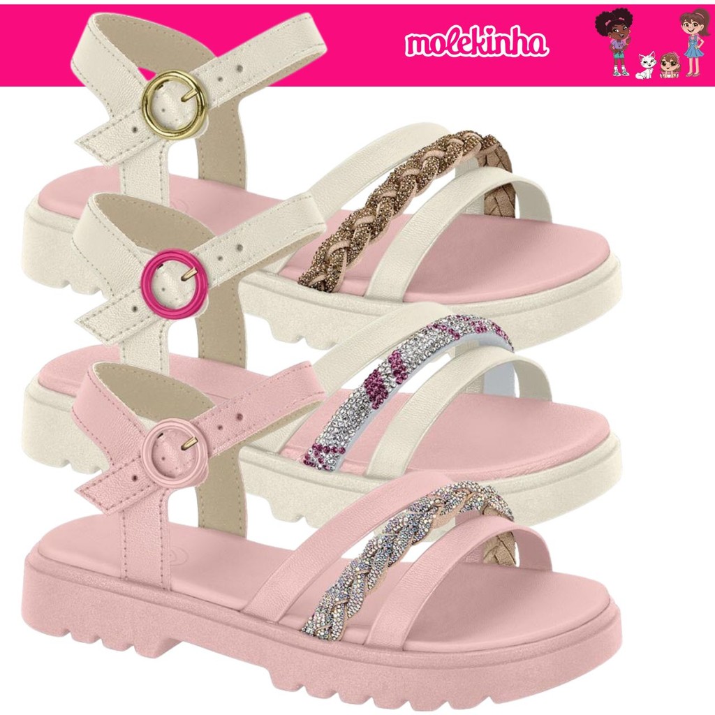Sandália Feminina Infantil Molekinha Tratorada Strass Trançado Conforto em Oferta na Shopee