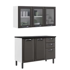 Cozinha Modulada 2 Peças Itatiaia Balcão 3 Portas e Armário Aéreo New Premium Grafite
