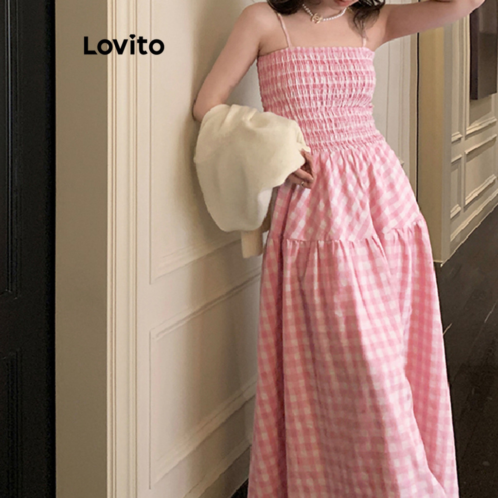 Detalhes do Lovito Vestido Casual Xadrez Com Babados E Bainha Spaghtti Vestido Com Alça Para Mulheres LNE16030 (Multicolorido)