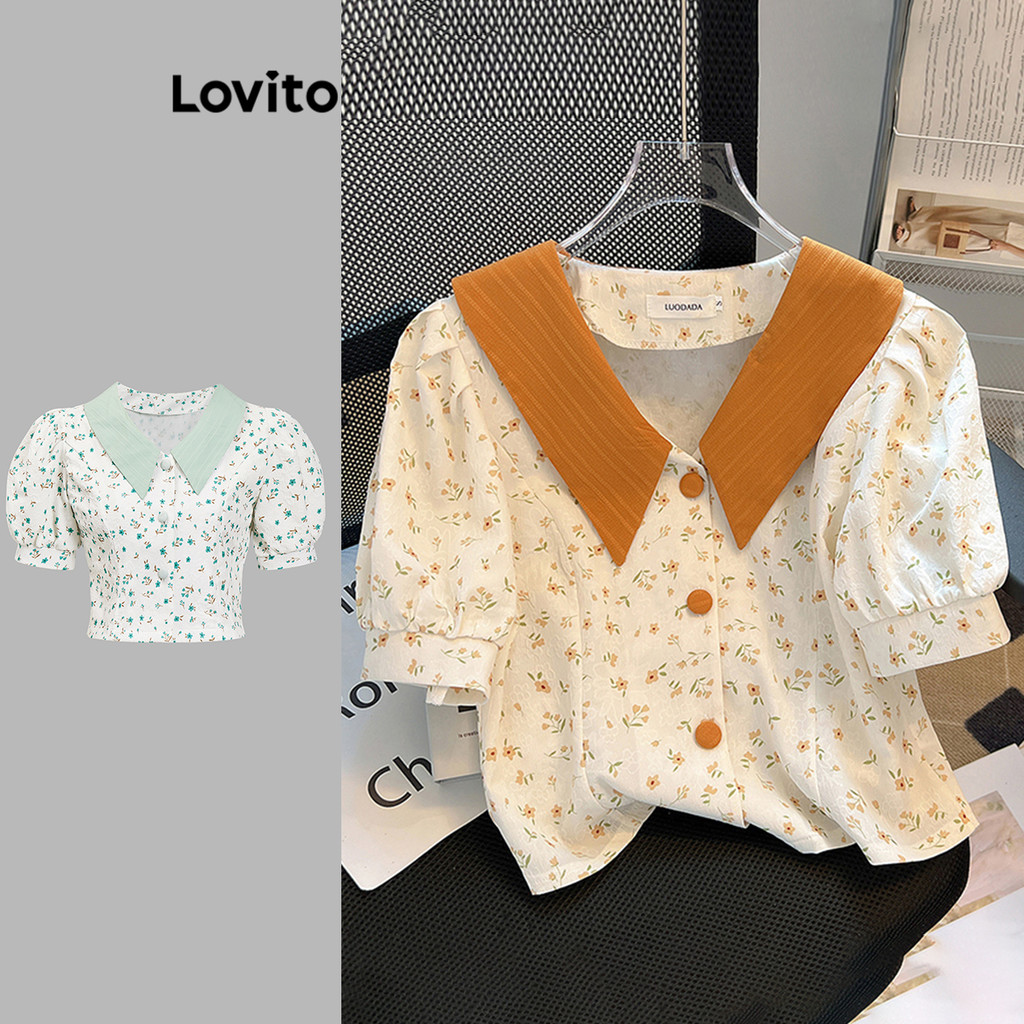 Lovito Blusa com Gola Contrastante e Mangas Bufantes com Estampa Floral para Mulheres LNA16038 (Multicolorido) em Oferta na Shopee