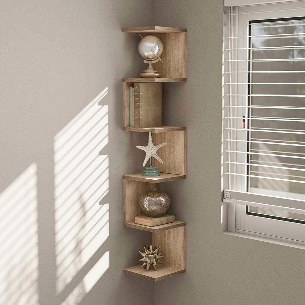 Prateleira de Canto Lyra 5 Nichos Decorativos Carvalho para Sala Quarto Livros em Oferta na Shopee