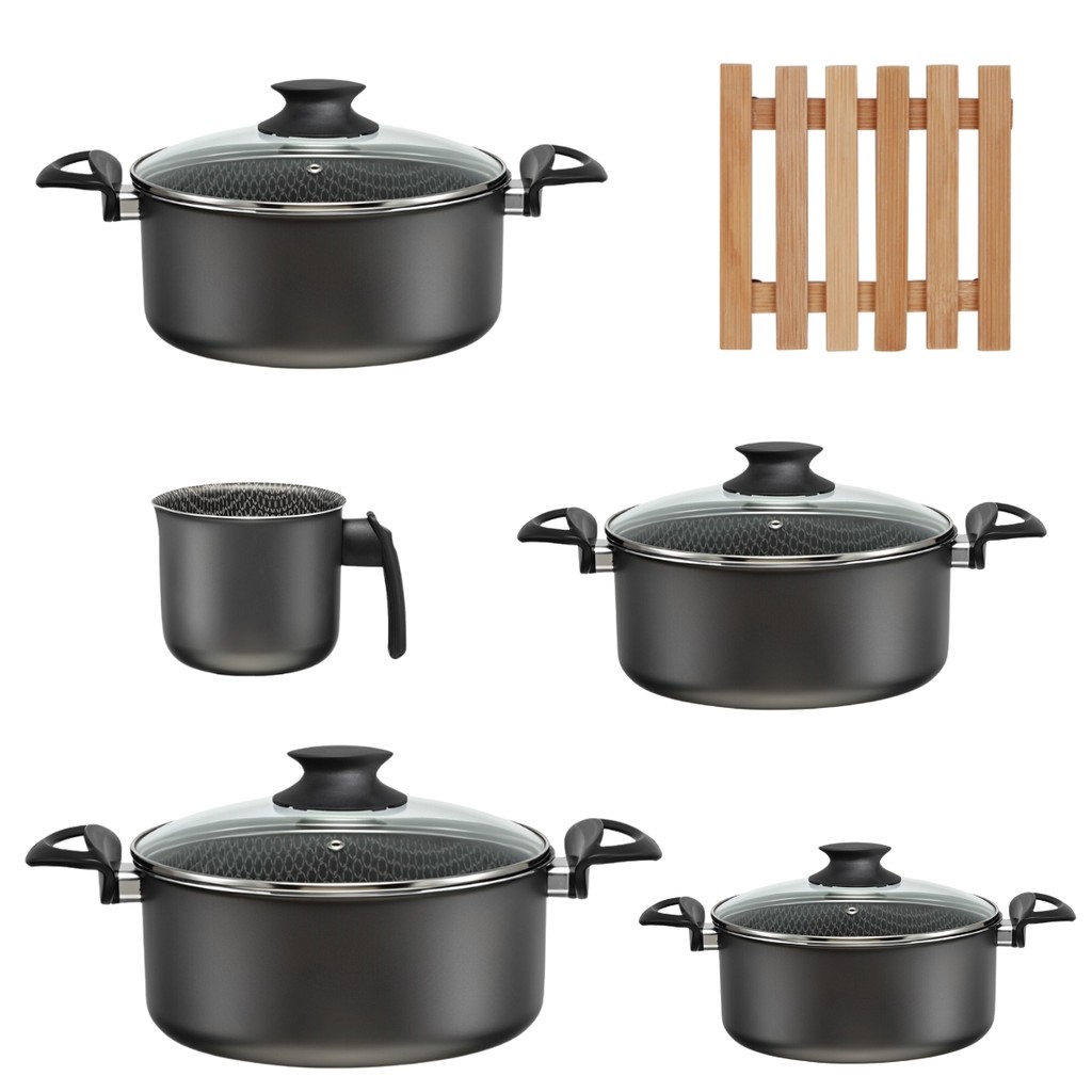 Kit Jogo de Panelas 5 Peças Antiaderentes com Tampas de Vidro e 5 Descansos de Panela Quadrados Madeira Cozinha