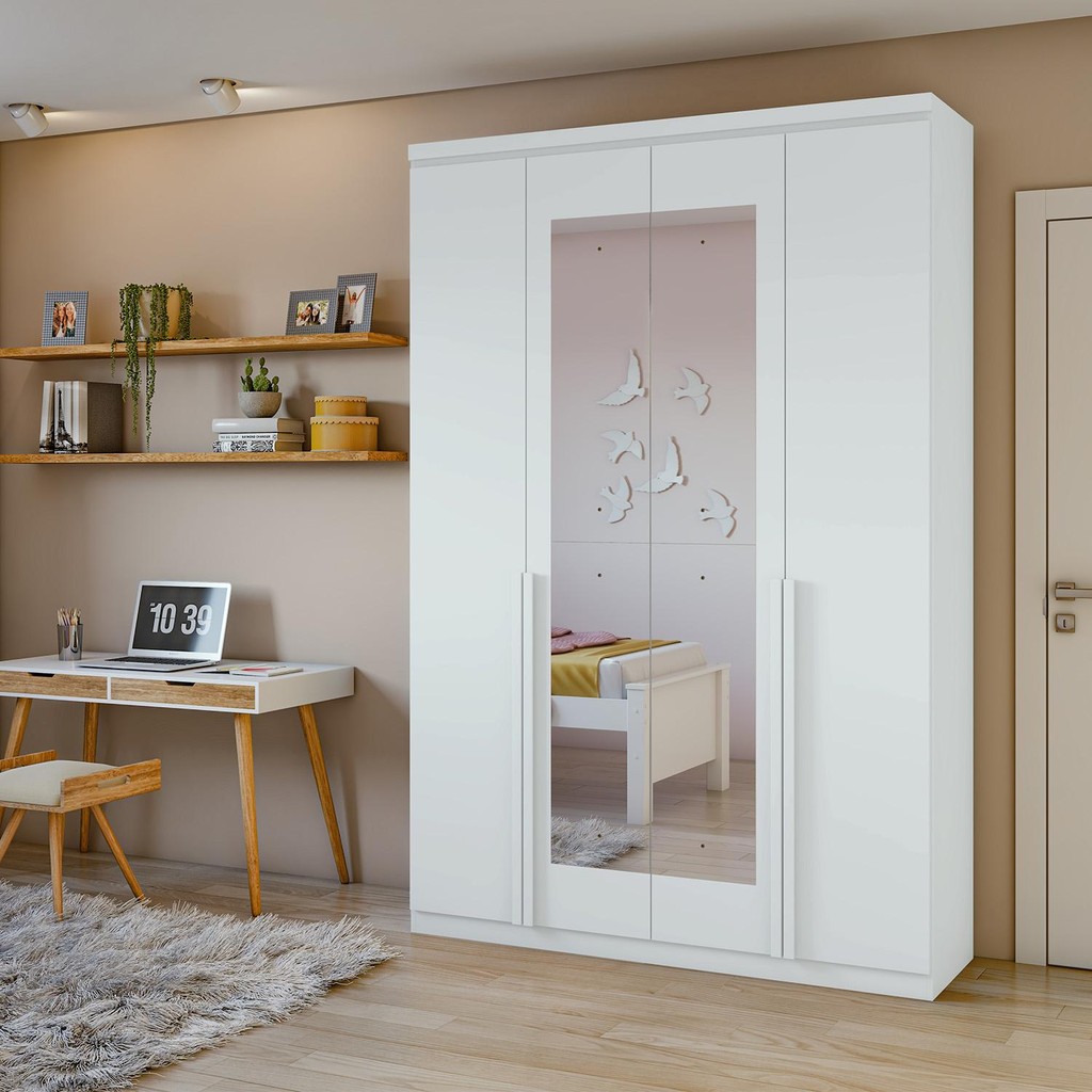 Guarda-Roupa Solteiro 100%MDF Alonzo 4 portas Com Espelho Branco em Oferta na Shopee