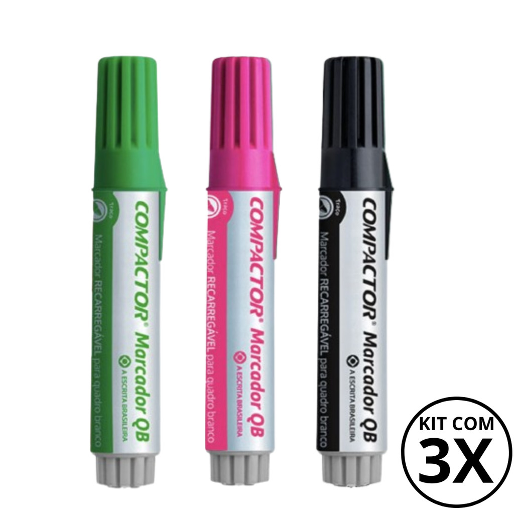 Kit com 3 Marcadores Para Quadro Branco - COMPACTOR COR:VERDE + ROSA + PRETO