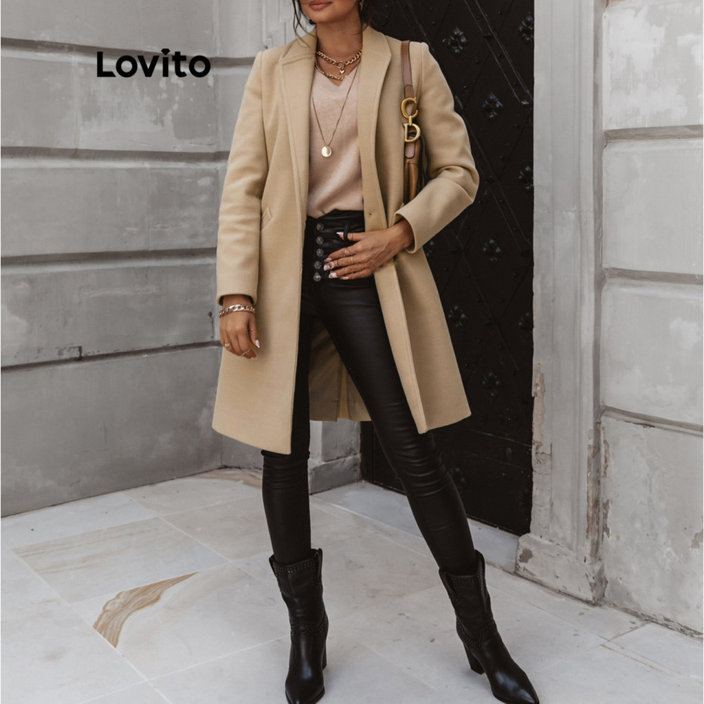 (Hot) Lovito Casaco Casual Com Bolsos Lisos E Manga Comprida Com Frente Aberta Para Mulheres LNX07219 (Tan/Preto)