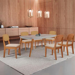 Mesa de Jantar Copper 180cm Tampo Canto Copo MDF Vidro com 6 Cadeiras Copper Premium Moderna Mobília