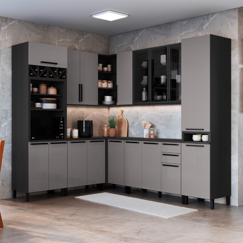 Cozinha Modulada Completa Fidelitá Mônaco 8 Peças 449cm 17 Portas 2 Gavetas Com Tampo Chumbo/Titânio em Oferta na Shopee