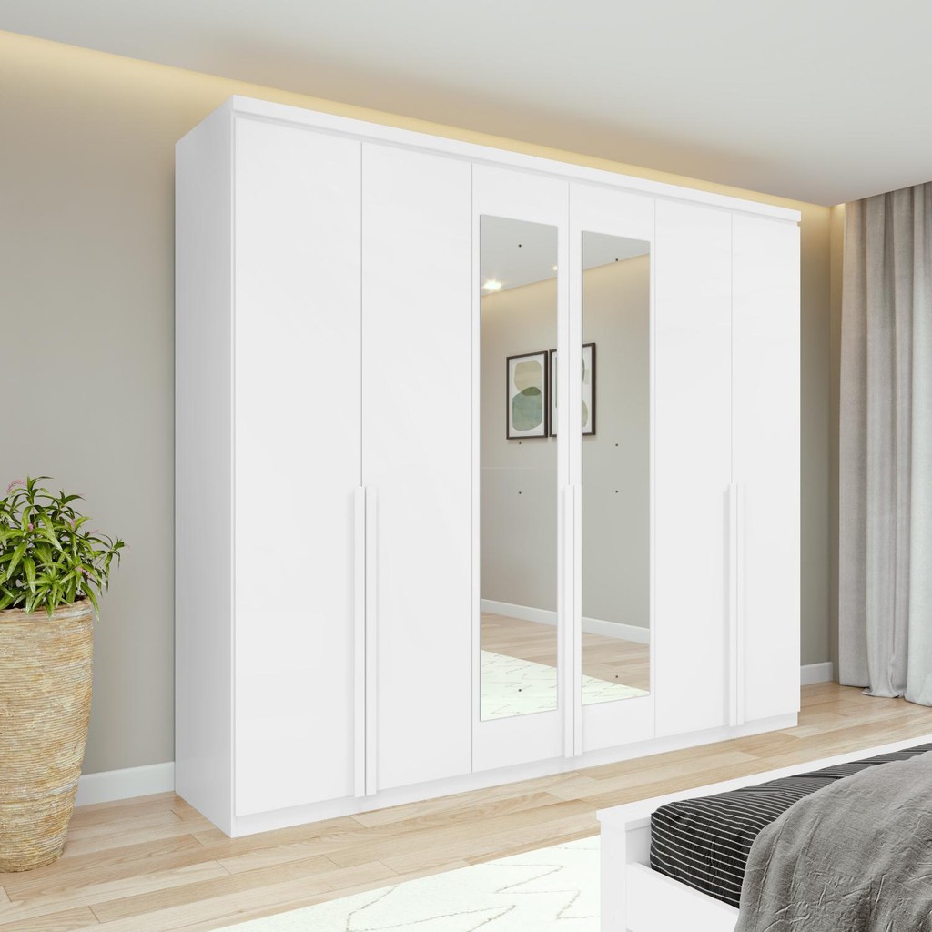 Guarda-Roupa Casal 100% MDF Alonzo 6 Portas 4 Gavetas Com Espelho Branco