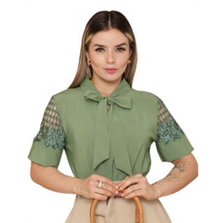 Blusa com Renda Laço Crepe Feminina Estilo Social em Oferta na Shopee