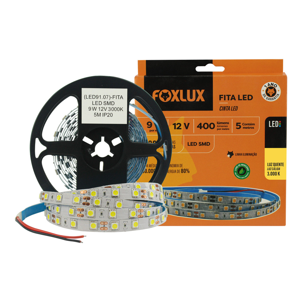 Fita Led SMD Foxlux 9W 12V 3000K 5M IP20 | iluminação decorativa, flexível e prática em Oferta na Shopee
