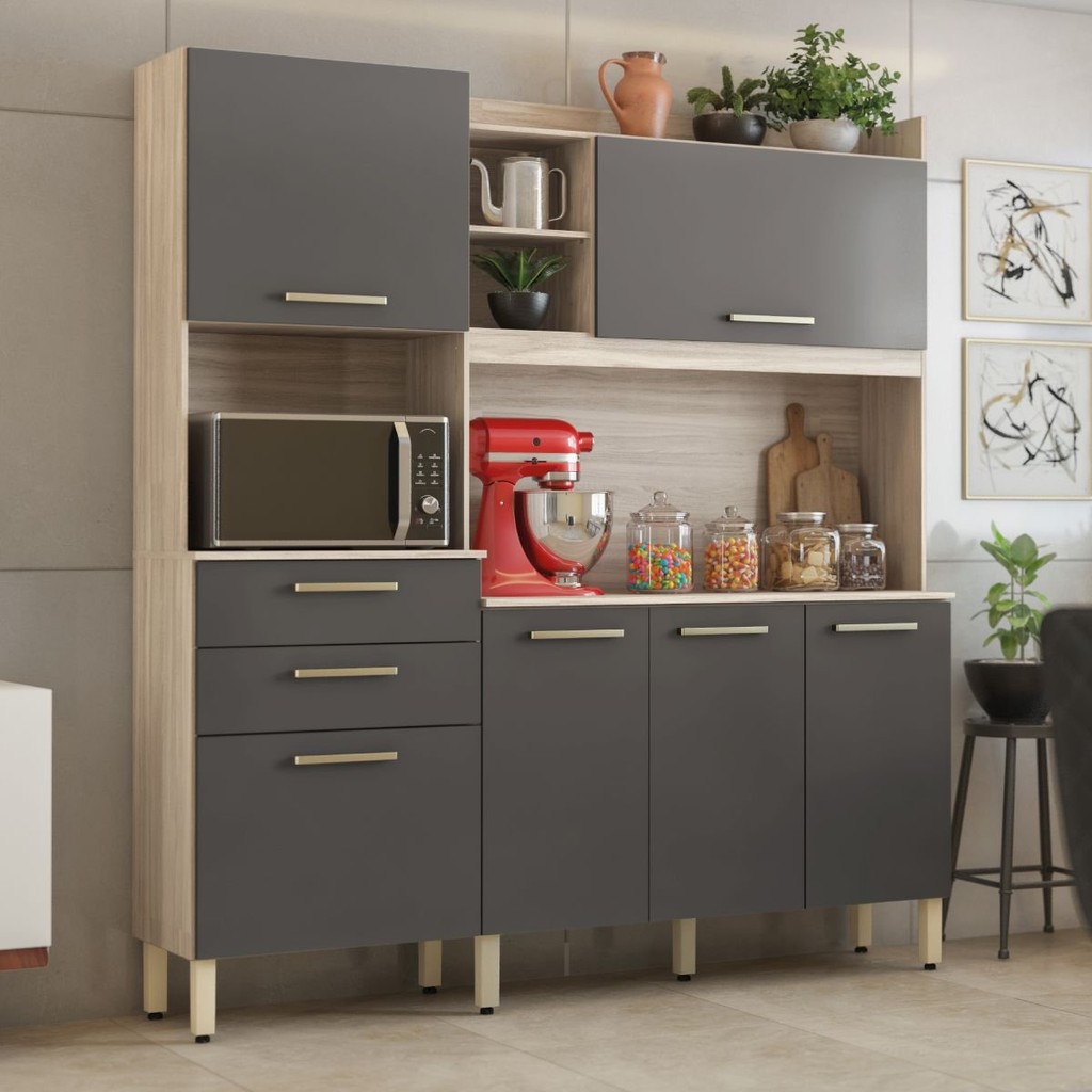 Armario De Cozinha 6 Portas 2 Gavetas Select  Avena/Grafito - Home & Living