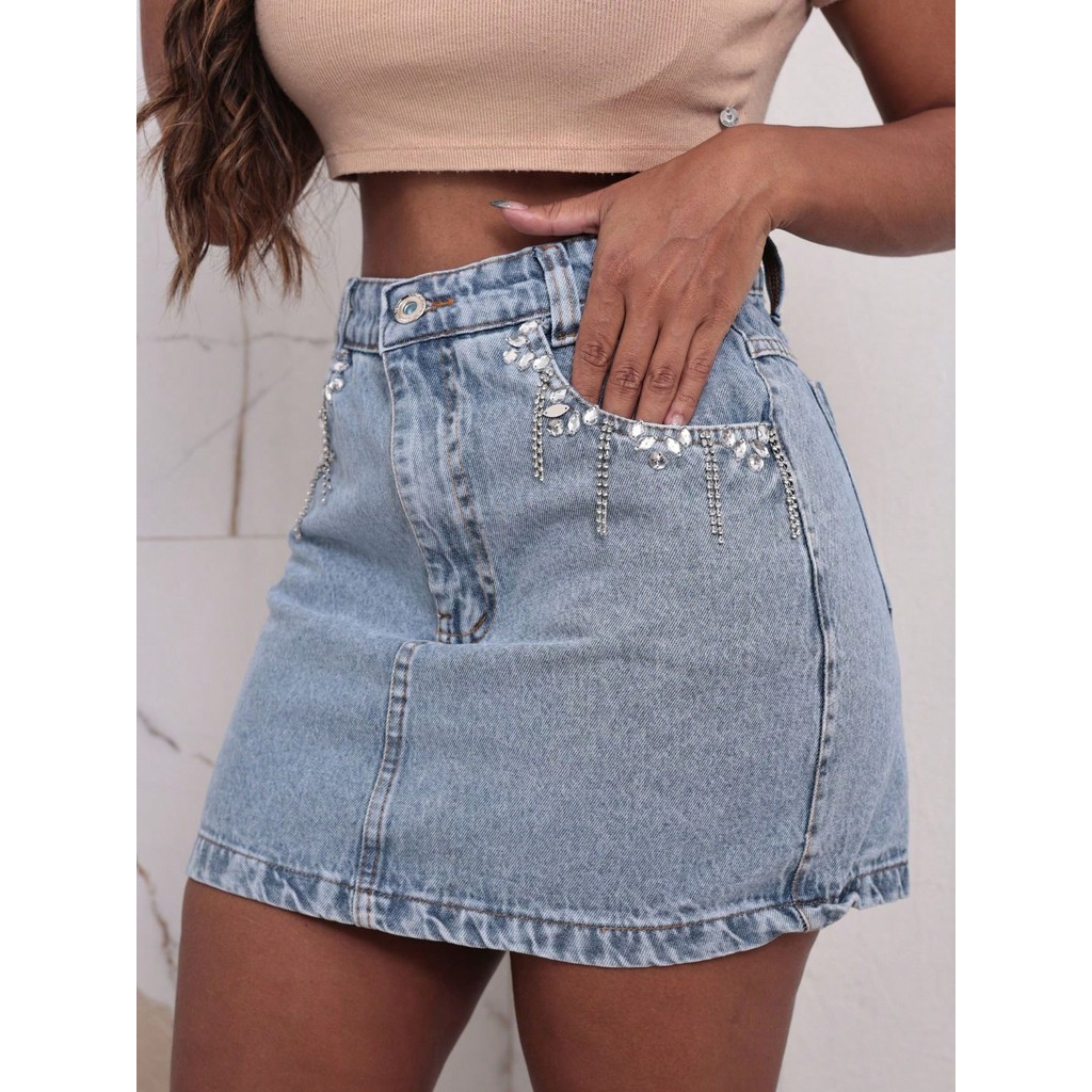Saia Jeans Feminina com Brilho Chaton em Oferta na Shopee
