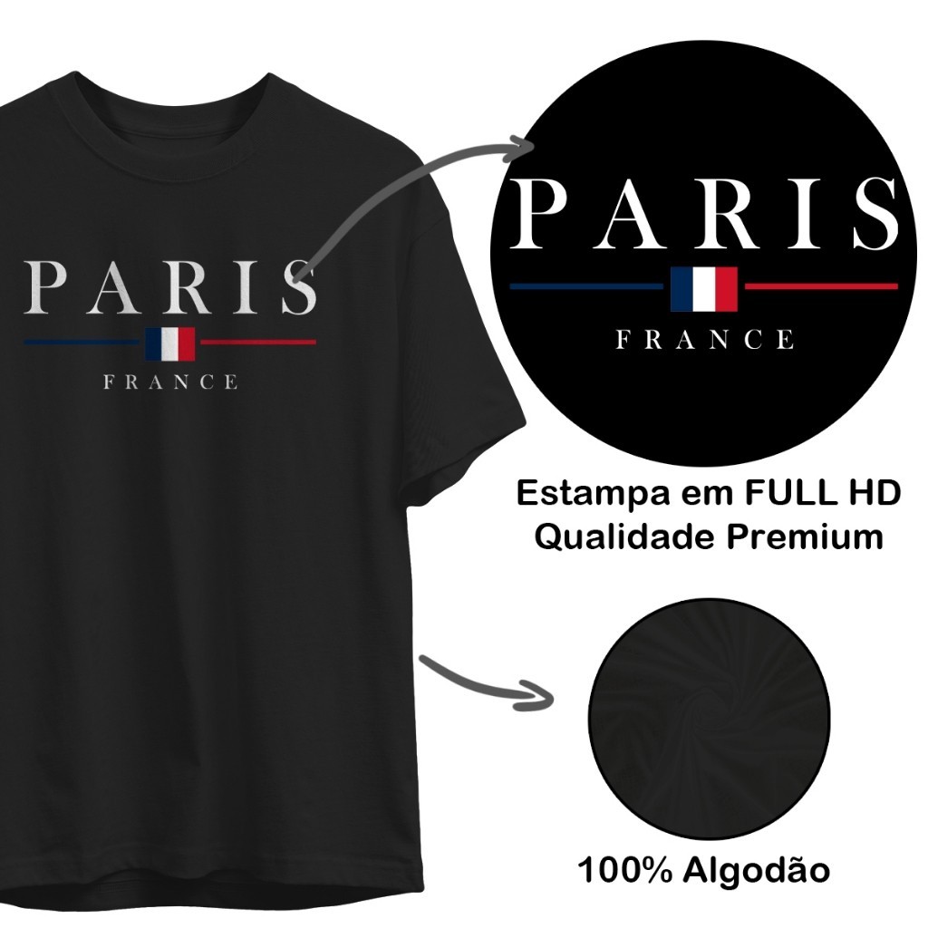 Camiseta Paris France Masculina Adulto e Infantil Estampa França Estilo Casual Moderna