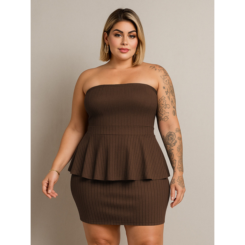 Conjunto Blusa Godê Tomara Que Caia E Saia Curta Plus Size Cintura Alta Soltinho Casual