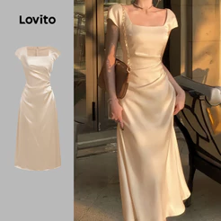 Lovito Elegante Dress De Cetim Glamouroso Primavera/verão Champanhe Vestido Para Mulheres L137LD367