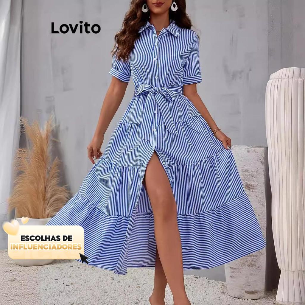 (KOL‘s pick) Lovito Vestido Casual Listrado Com Botão Frontal E Cinto Para Mulheres LNL79306 em Oferta na Shopee