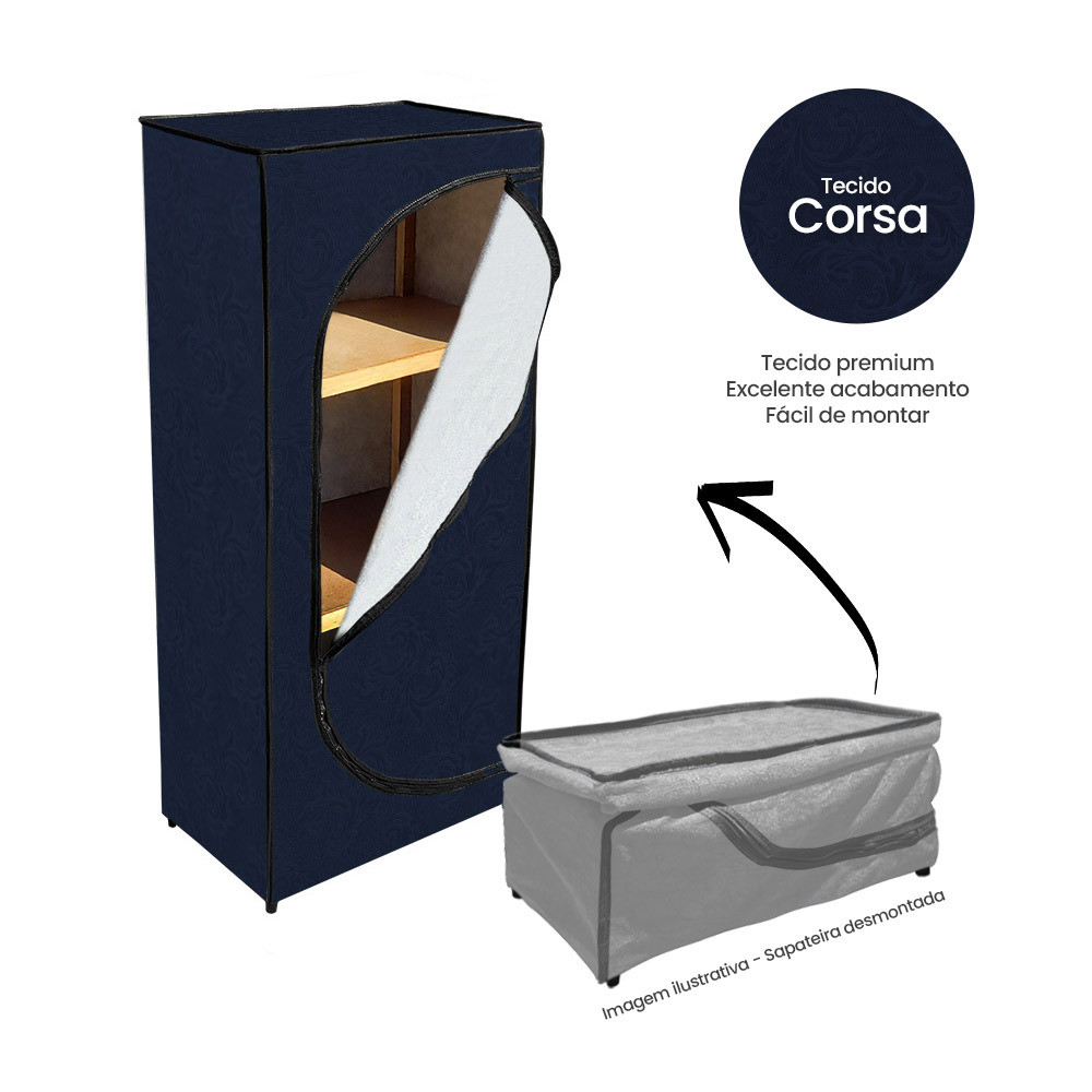 Sapateira Modular Pequena - Ziper Organizadora Calçados Tecido Corsa - Azul Marinho