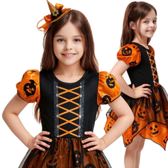 Fantasia Bruxa Menina Abóbora Roupa Bruxinha Laranja Infantil Carnaval Halloween 2025 + Tiara