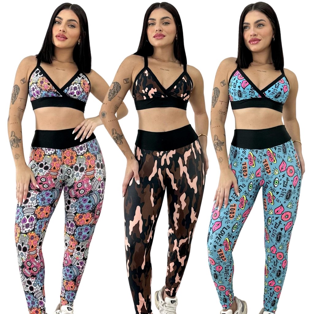 Conjunto Feminino de Academia Calça Leg Top Fitness Estampada
