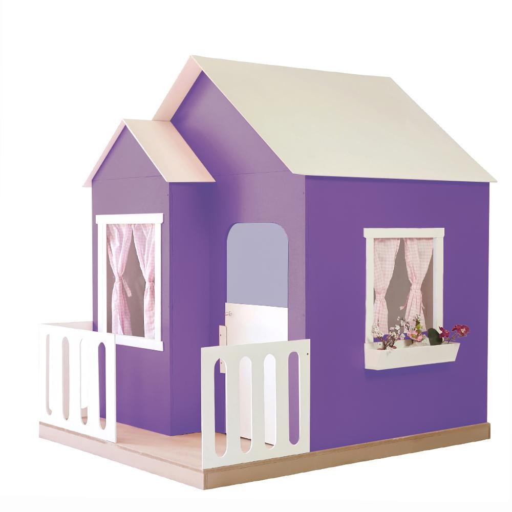 Casinha de Brinquedo Artesanal Janela Lateral Versátil com Cortinas MDF Roxo/Branco L12 - Gran Belo