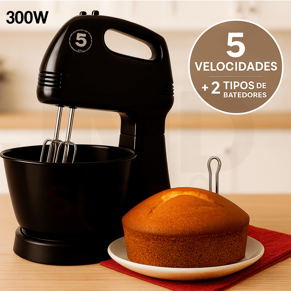 Batedeira Elétrica Planetária 300W 5 Velocidades Tigela 2,5L – Branco e Preto