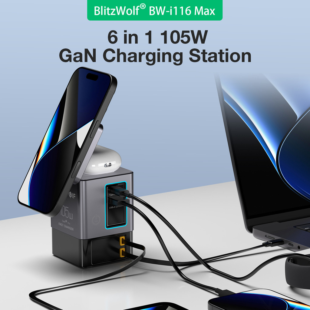 [GaN Tech] Blitzwolf i116 Max 105W 6 Em 1 Power Combo Estação De Carregamento De Mesa Com Cabo Telescópico Duplo Tipo C