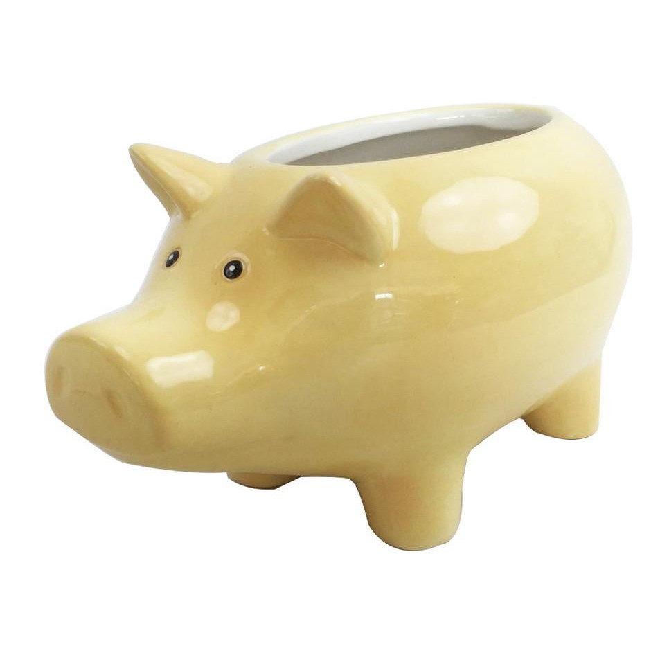 Floreiro/Vaso Porco De Cerâmica Amarelo Decoração