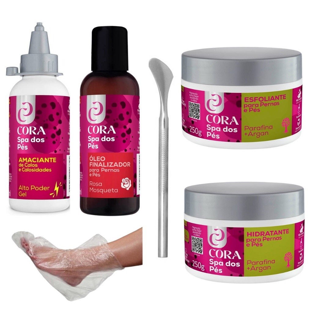 Kit Spa dos Pés Cora  Amaciante de Calos + Esfoliante + Hidratante Argan + Óleo Finalizador + Espátula + Botinhas