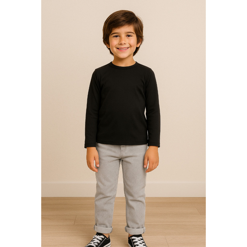 Camisa Térmica Infantil Juvenil Tecido Pelúcido Inverno Manga Comprida de Crianças - Preto e Rosa