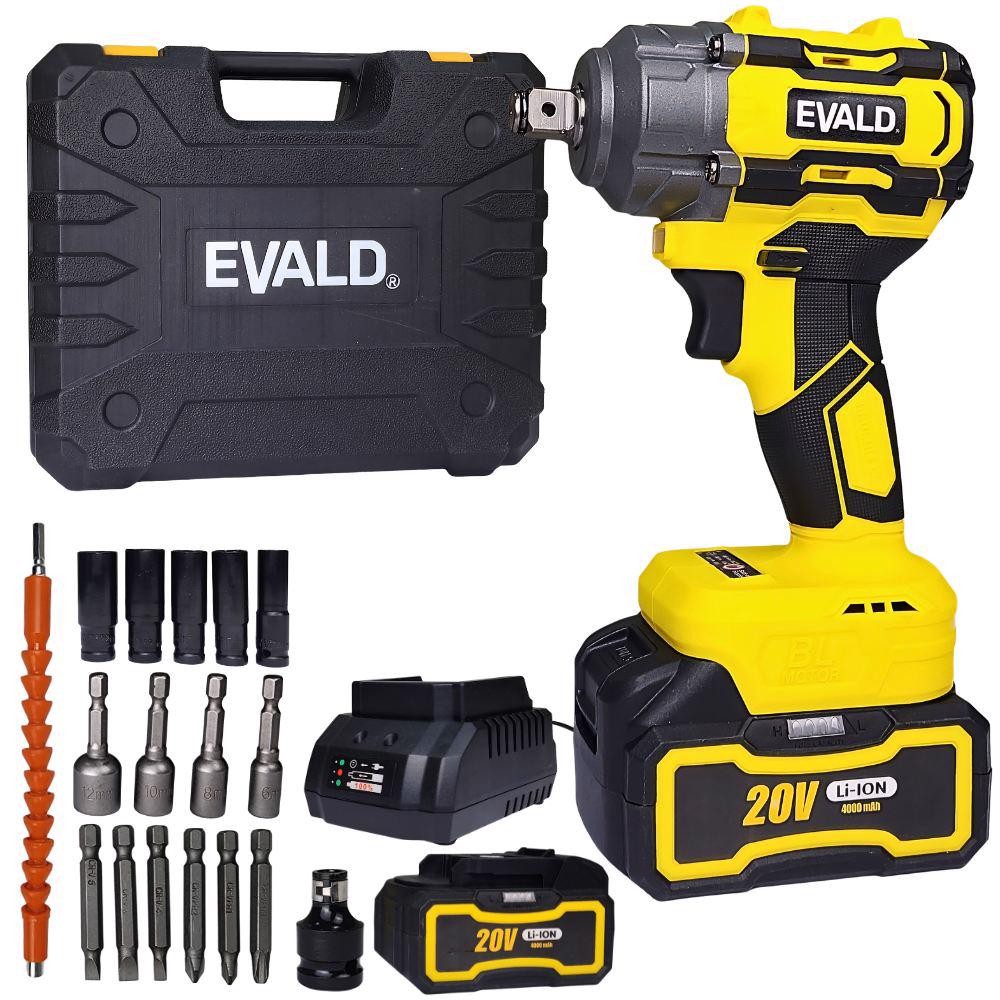 Chave de Impacto 1/2 POL 20V Brushless 350 Nm 2 Baterias 4,0Ah e com Kit 25 Acessórios EV-3500 EVALD em Oferta na Shopee