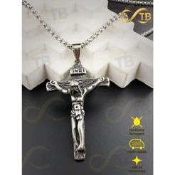 TB Presentes Colar Masculino Corrente com Pingente Crucifixo INRI JESUS Aço Inoxidável 316L 70CM