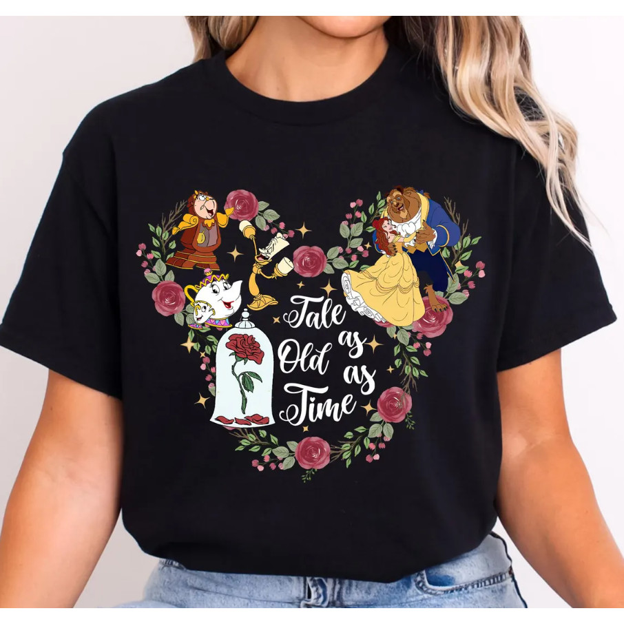Camiseta Unissex Oversized Plus Size Feminina Masculina Preta , Design de A Bela e a Fera  Frase Clássica, Moda Disney