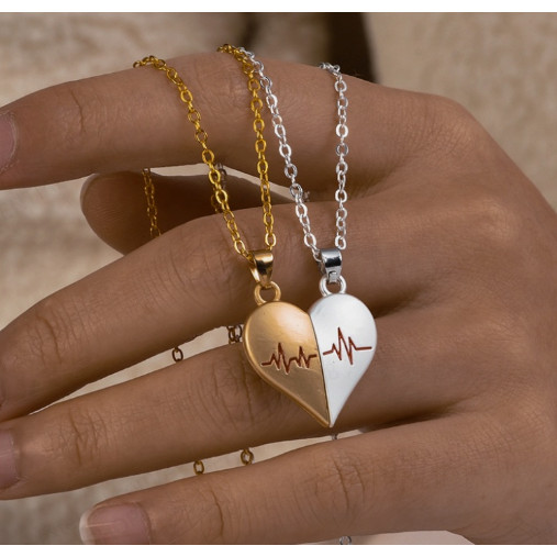 2pcs Colar Magnético De Coração ECG-Joias De Casal De Aço Inoxidável