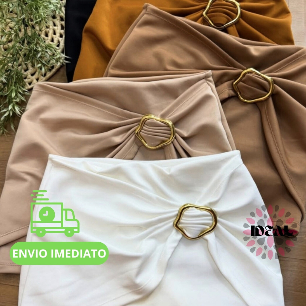 Short Saia Feminino com Detalhe de Fivela Cintura Alta Look Moderno Argola Colado Suplex Premium em Alta