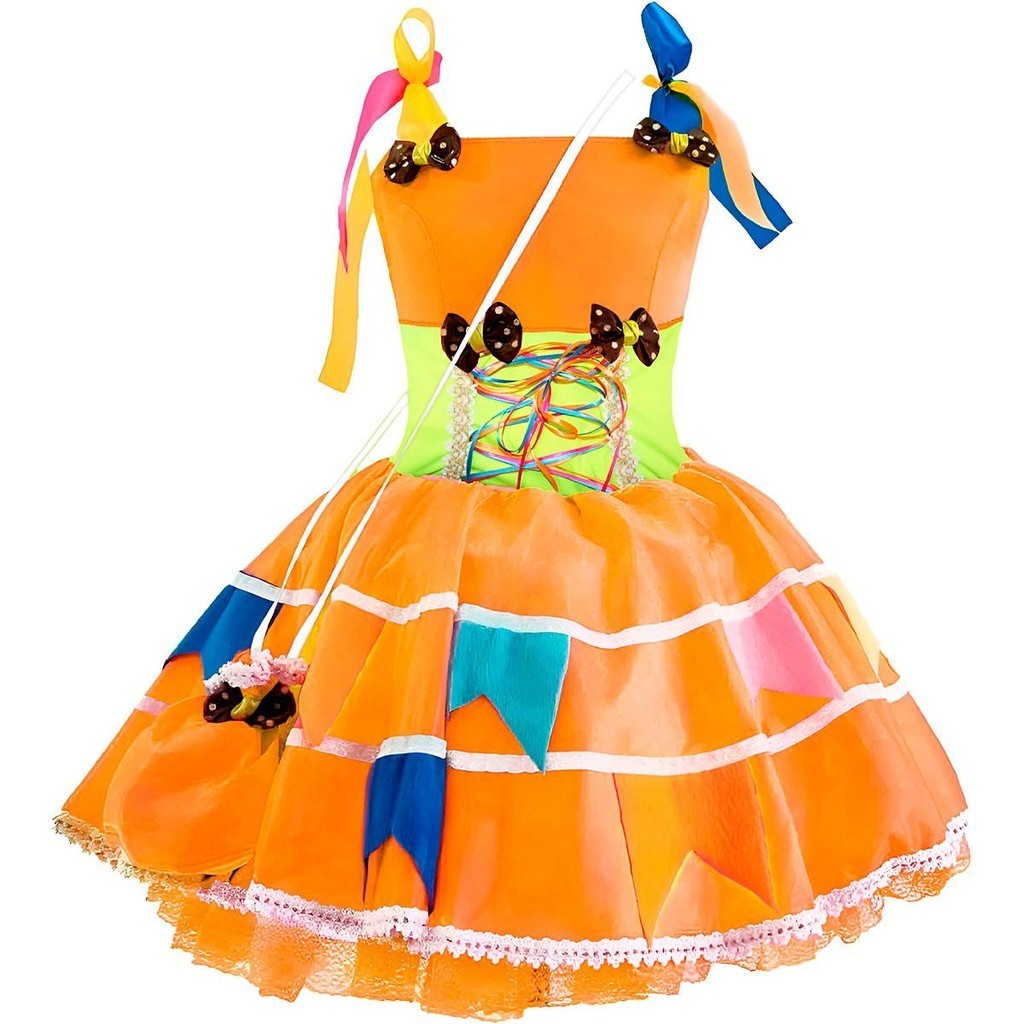 Vestido Festa Junina Adulto Antônia Laranja de Luxo de Luxo Feminino Com Bolsinha