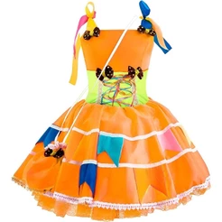 Vestido Festa Junina Adulto Antônia Laranja de Luxo de Luxo Feminino Com Bolsinha