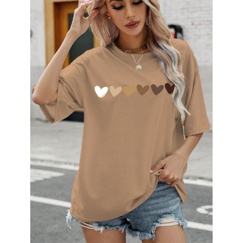 Camiseta Feminina Larga Manga Curta Verão Estilo Skatista Blusa Estreetwear Unissex Estampada Coração Desenho Corações Garota Tumblr Estilosa