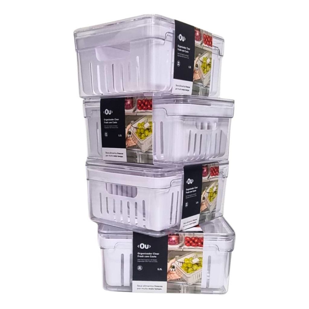 Kit 4 Organizadores 2,2 Litros de Geladeira Acrílico para Alimentos Vegetais Cozinha - OU