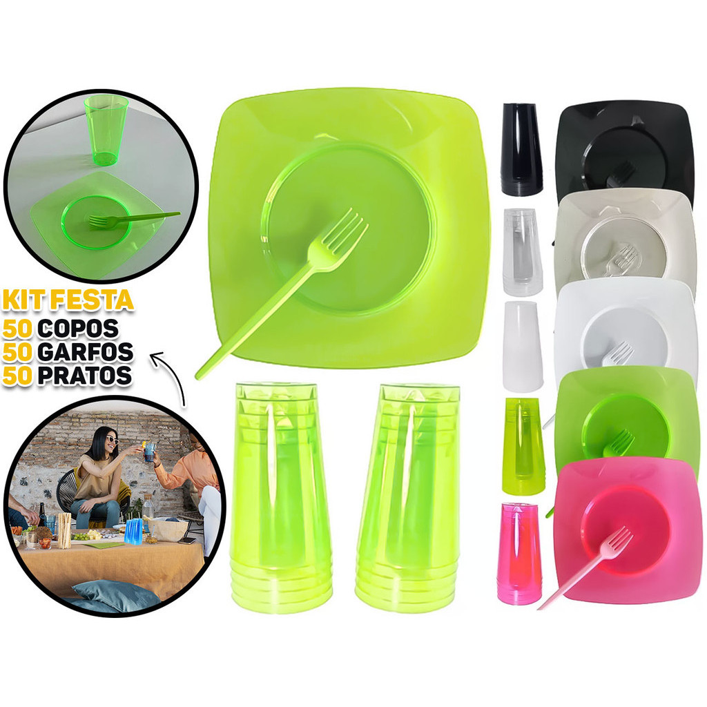 Kit Descartáveis Festa De Aniversário 50 Pratos 50 Copos 50 Garfinhos Acrílico Bolo Sobremesa Doces em Oferta na Shopee