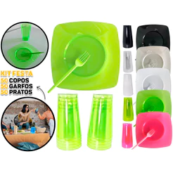 Kit Descartáveis Festa De Aniversário 50 Pratos 50 Copos 50 Garfinhos Acrílico Bolo Sobremesa Doces