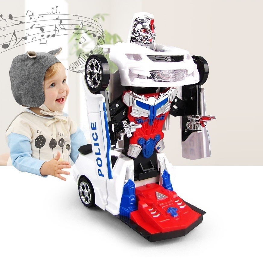Brinquedo Carrinho Policia Transformers Vira Robô Musical Luz Bate Volta