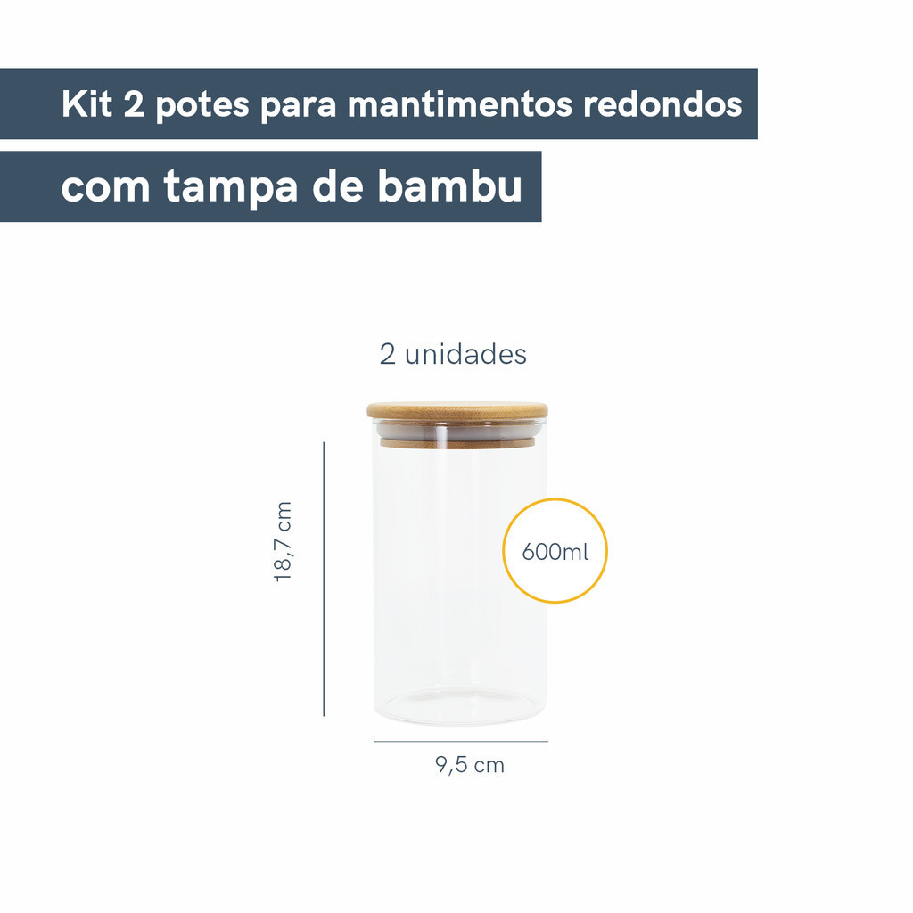 Detalhes do Kit 2 Potes de Vidro Hermético C/ Tampa de Bambu 600ml Oikos