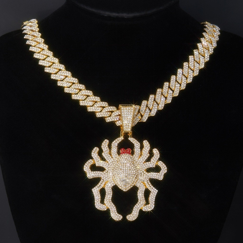 Novo Corrente Cravejada Colar De Hip Hop Colar Masculino Aranha Vintage Pingente Cheio De Corrente Cubana De Diamante Iced Cravejado