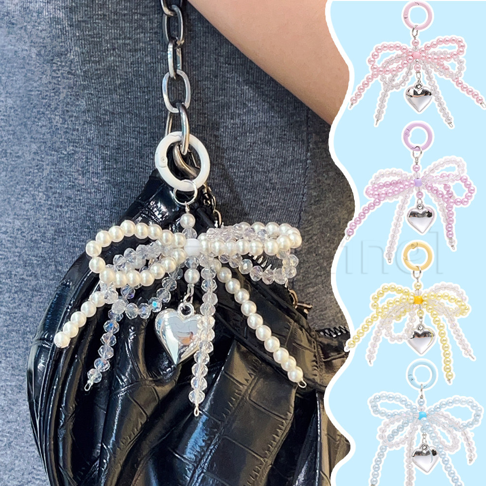 Chaveiro Em Forma De Arco De Pérola Coração-Pingente Mochila Charme-Bowknot Heart Keyring-Porta-Chaves Estético Y2K-Para Chave Ou Bolsa-Moda , Fofo , Estilo Coreano