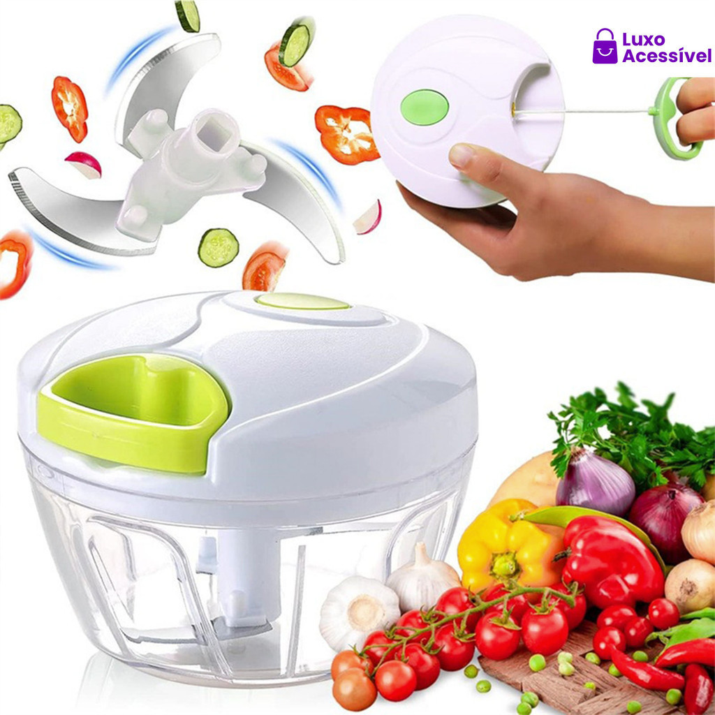 Triturador de Alho Cebola Mini Processador Manual Cordinha Temperos Legumes Verdura Alimentos Cozinha 400 ml 3 Laminas