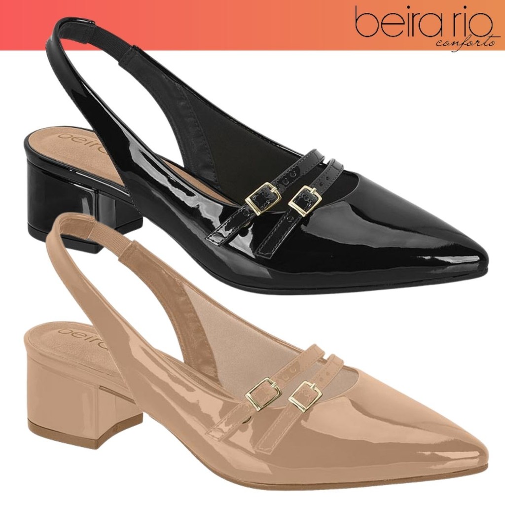 Sapato Feminino Scarpin Slingback Beira Rio Fivela Dupla Salto Grosso Baixo Verniz