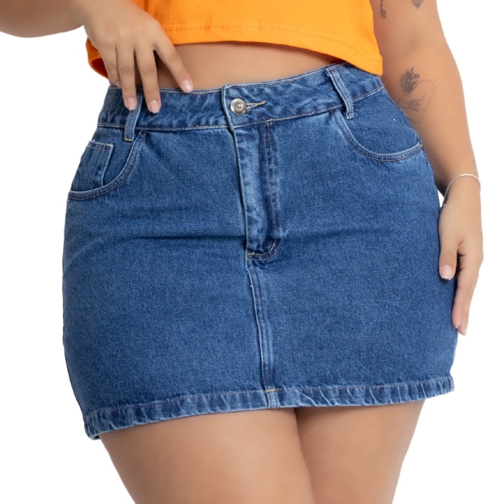 Saia Jeans Feminina Plus Size Lisa Cintura Alta Barra Feita