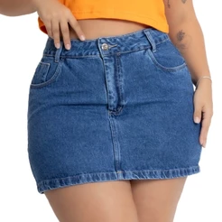 Saia Jeans Feminina Plus Size Lisa Cintura Alta Barra Feita
