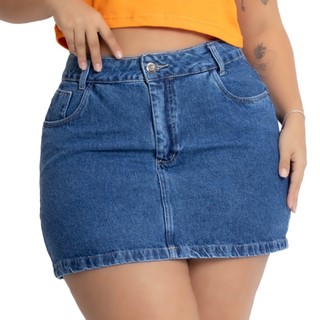 Saia Jeans Feminina Plus Size Lisa Cintura Alta Barra Feita